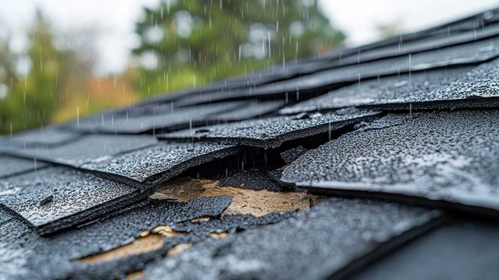 Workers remove old shingles from a residential roof while protective tarps cover the ground below.